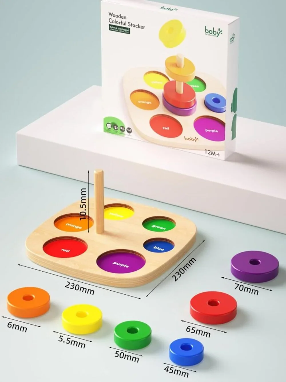 Colorful Wooden Rainbow Ring Stacker Toy for Toddlers - Montessori Learning